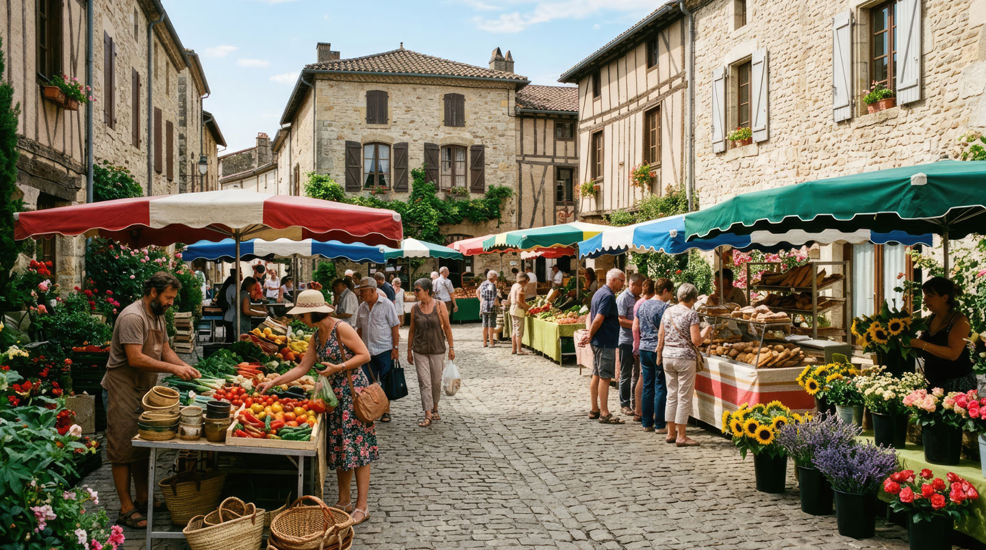 Traditional Île de Ré village street with white houses, green shutters, and a local vendor setting up fresh produce at the weekly market