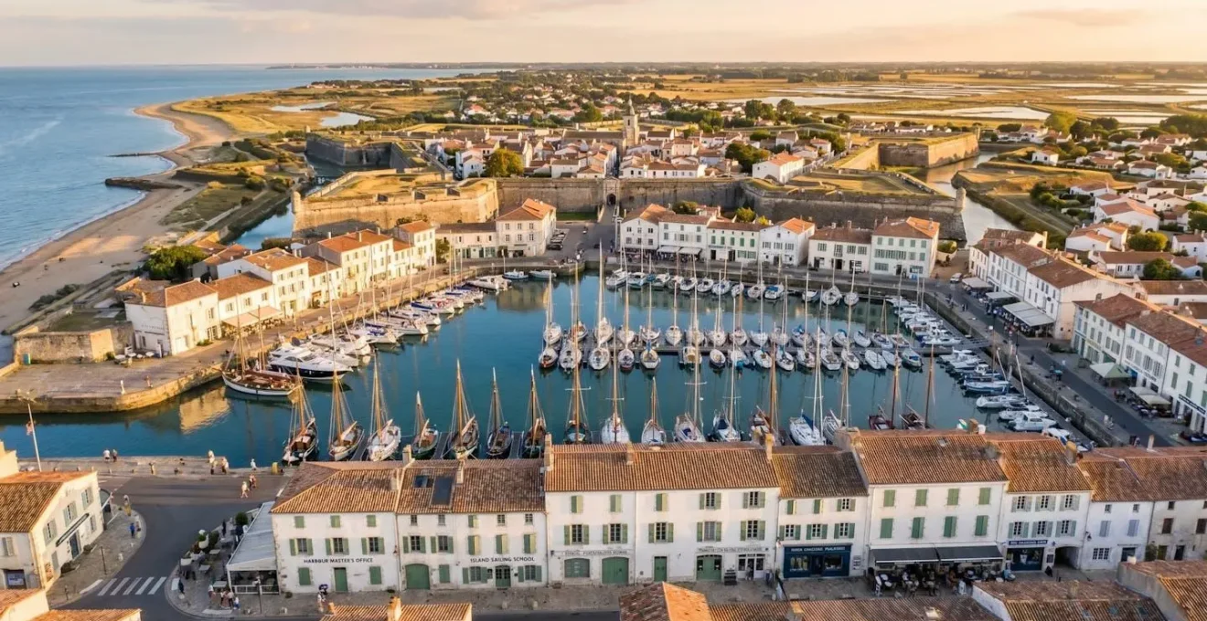 Aerial view of Saint-Martin-de-Ré showing the star-shaped Vauban fortifications surrounding the historic harbour with white traditional houses and moored sailing boats