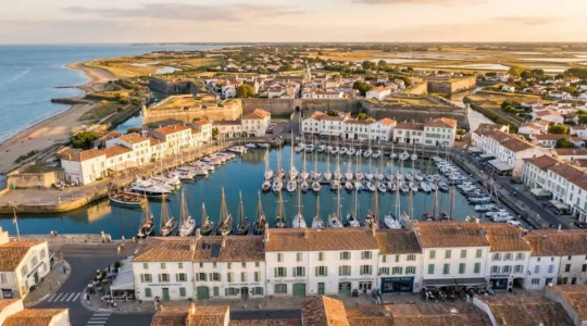 Aerial view of Saint-Martin-de-Ré showing the star-shaped Vauban fortifications surrounding the historic harbour with white traditional houses and moored sailing boats