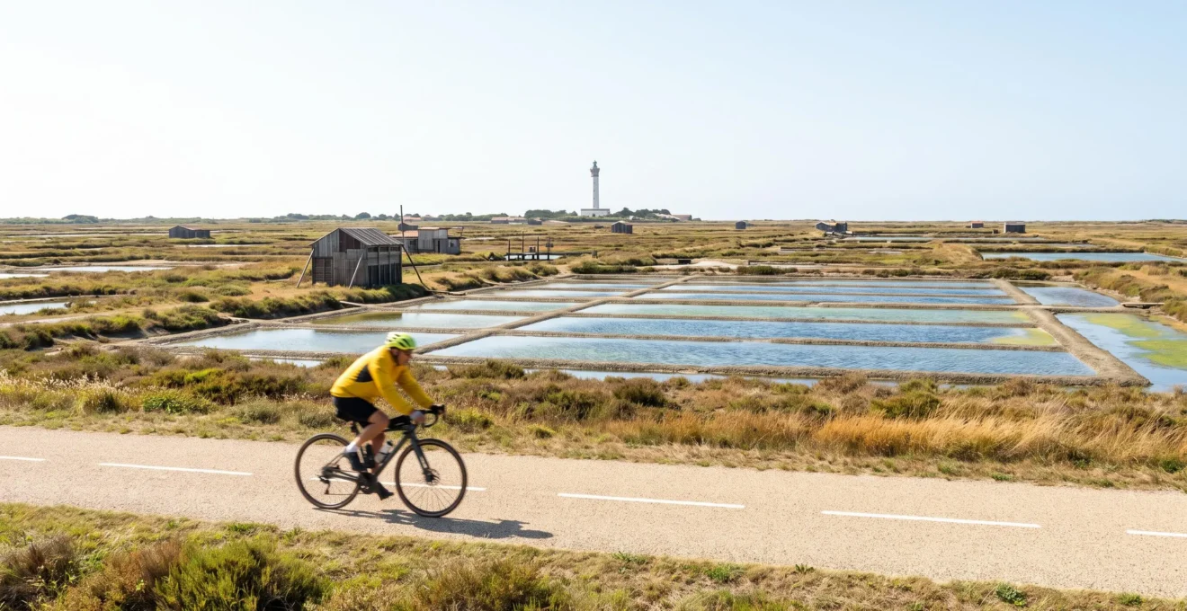 Cyclist riding along a marked cycling path through Île de Ré salt marshes with the Phare des Baleines lighthouse visible in the distance