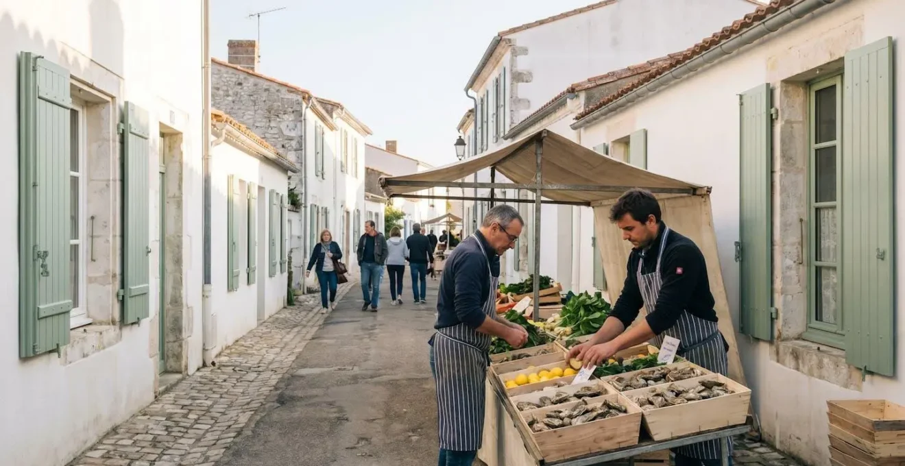 Traditional Île de Ré village street with white houses, green shutters, and a local vendor setting up fresh produce at the weekly market