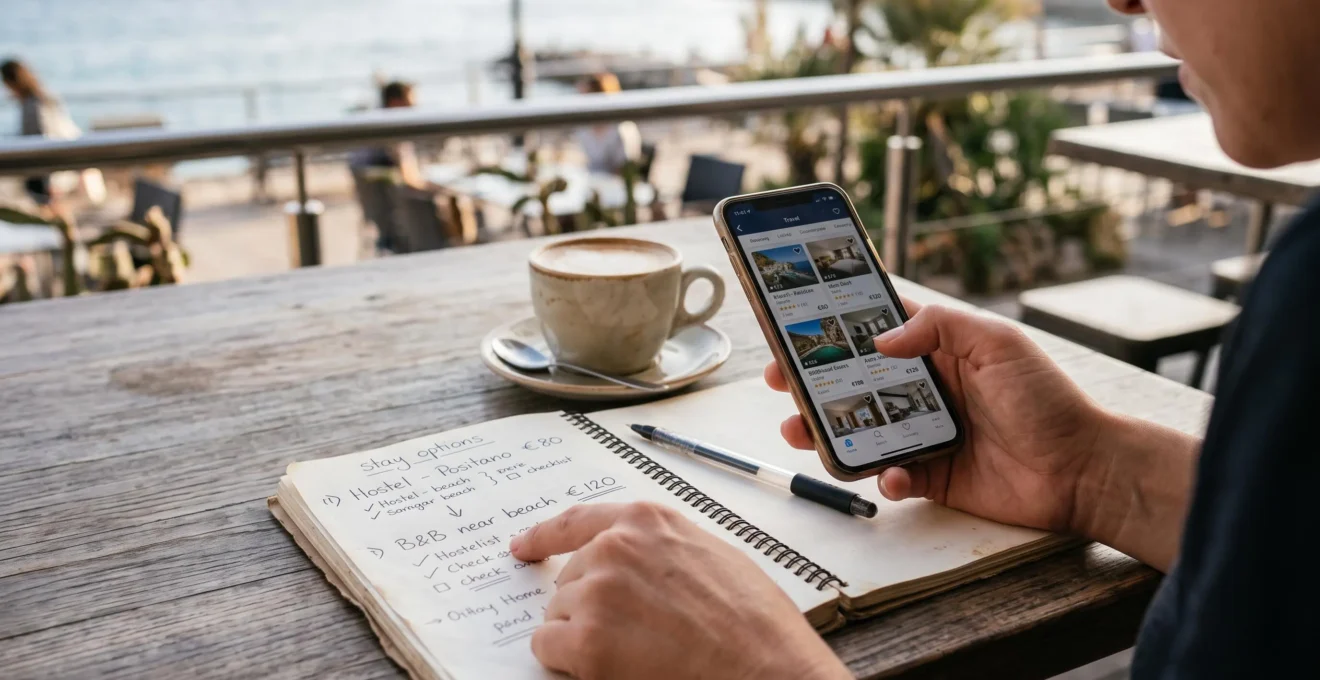 Hands compare notes and a smartphone showing accommodation listings at a café.