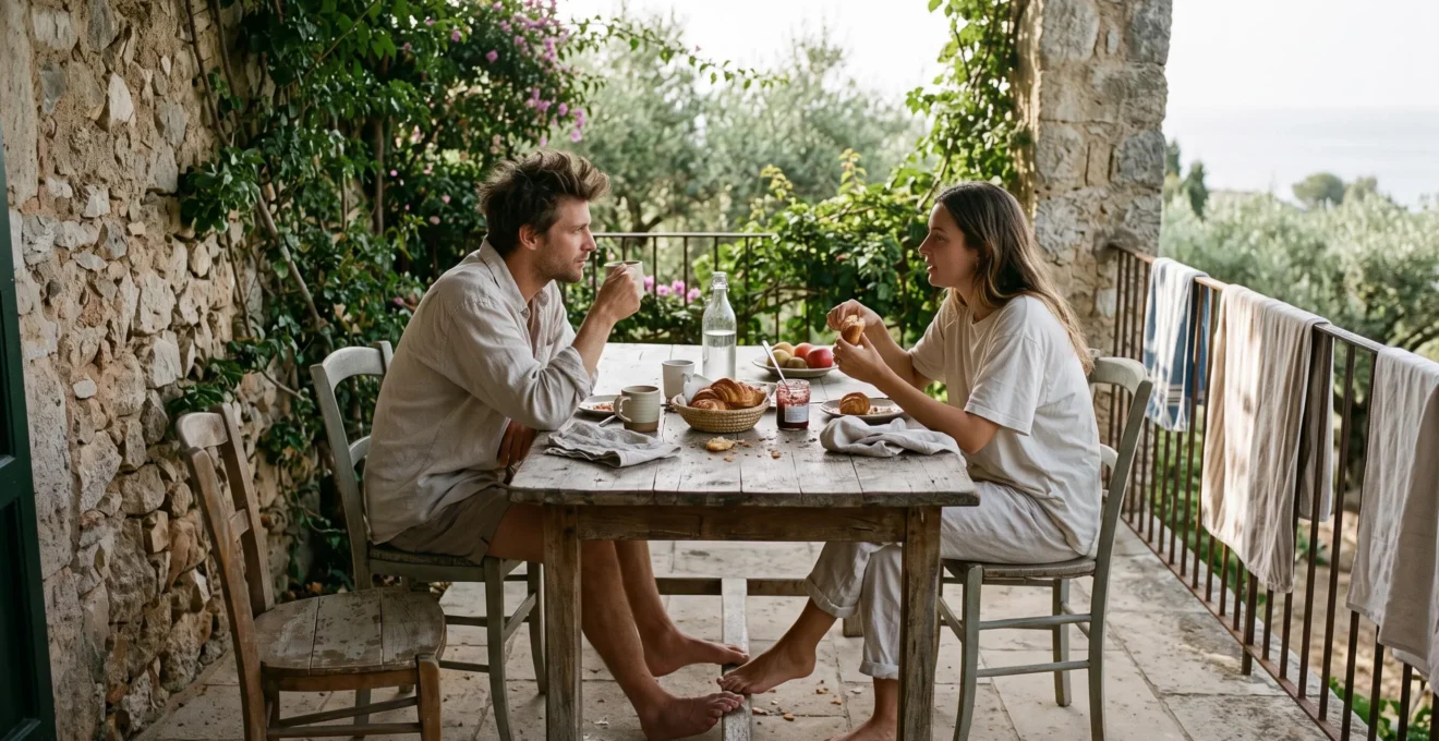 A couple eats breakfast alone on the private terrace of a villa.