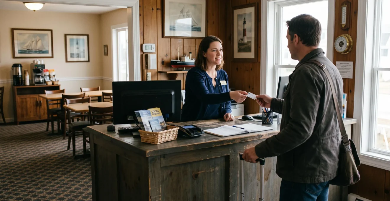 A hotel receptionist hands a room key card to a guest.