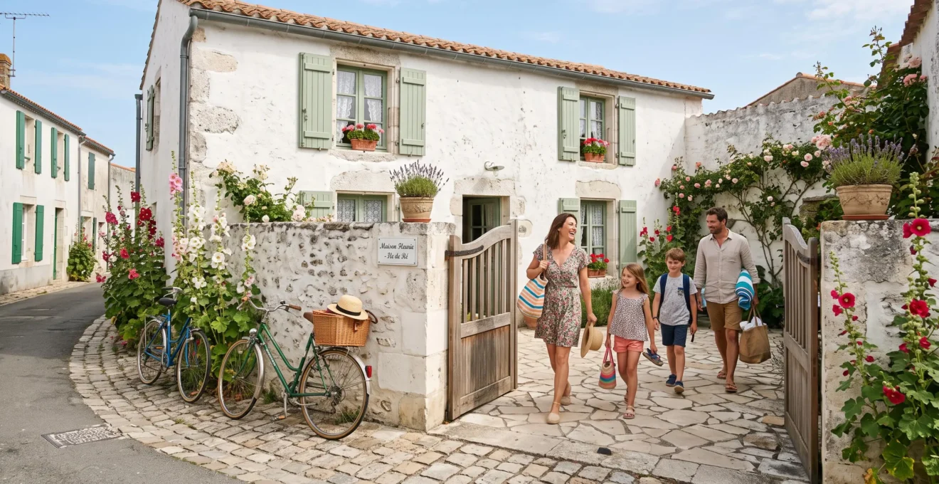 A family enters the courtyard of a whitewashed holiday villa with shutters.